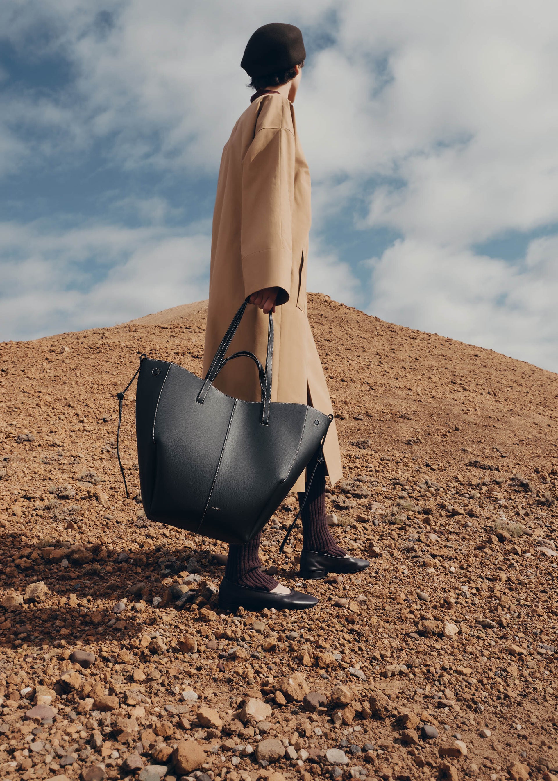 Cyme Tote - Textured Black with Ecru Stitching