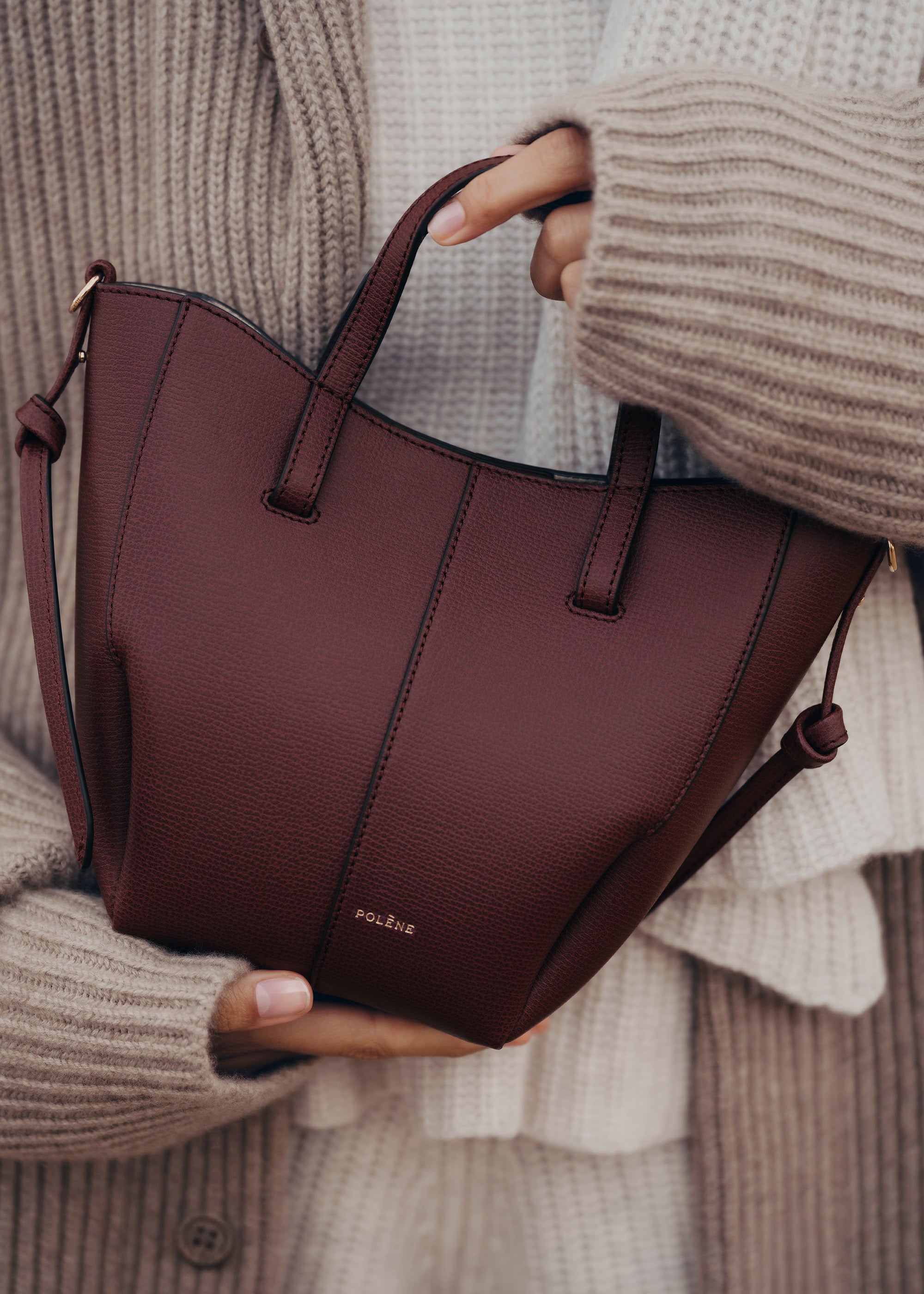 Polène | Bag - Cyme Tote Nano - Textured Black Cherry – Polène CA